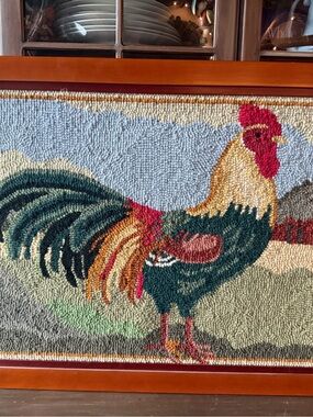 Vintage large Handhooked Rooster Wool Wall Art in Multicolor